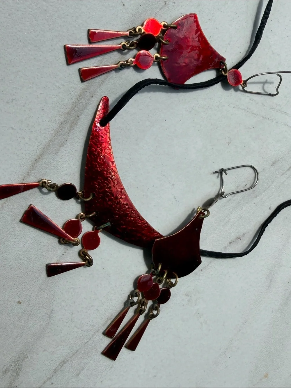 Red Enamel Dangle Necklace and Earring Set